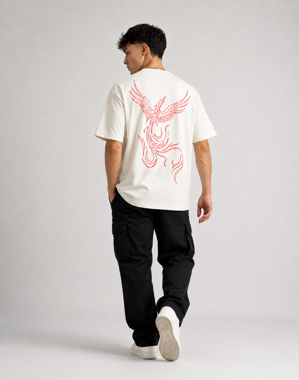 RARELAYS Phoenix Line Art Oversized Off-white T-Shirt for Men | Minimal Graphic Back Print Premium Cotton Streetwear Tee
