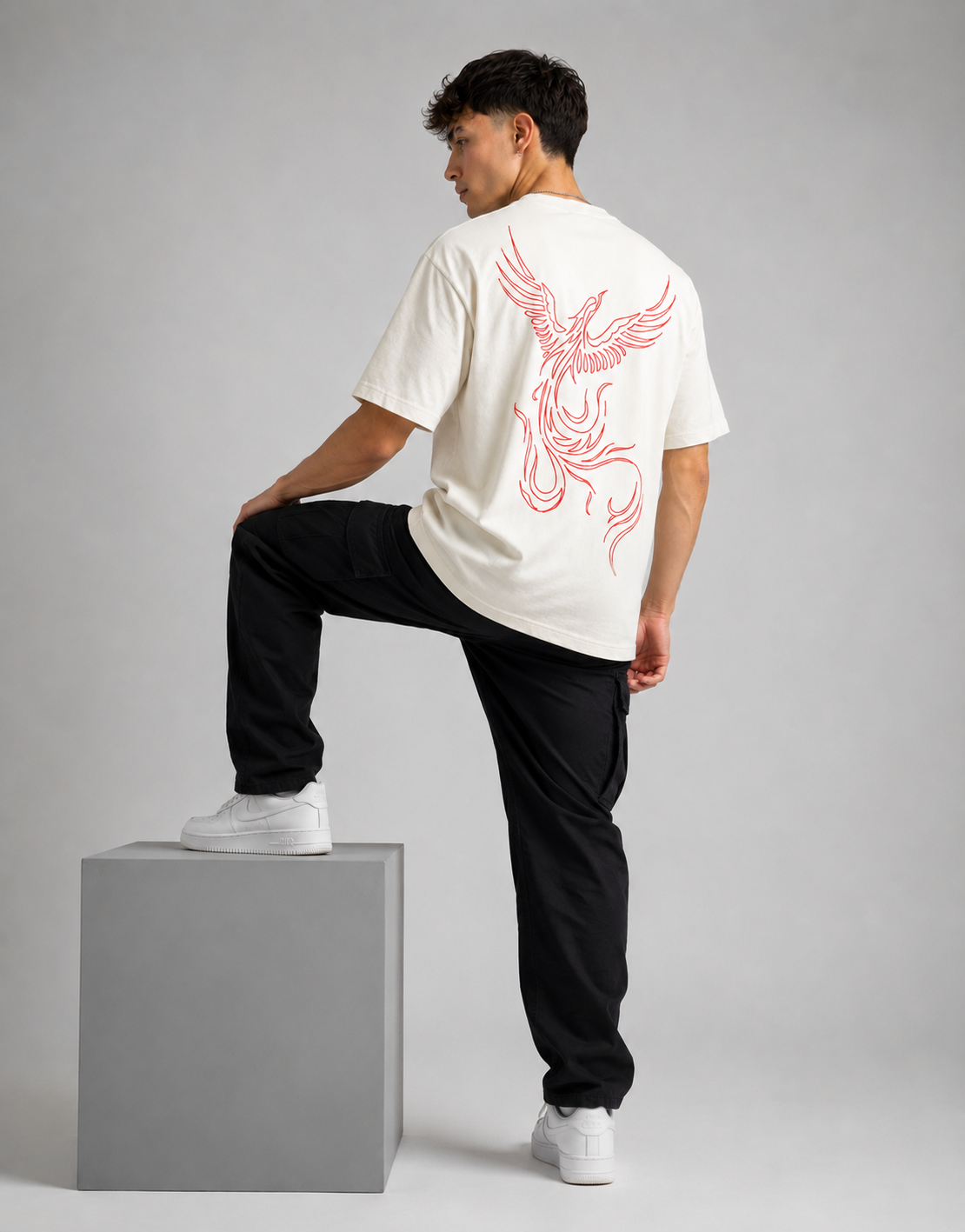 RARELAYS Phoenix Line Art Oversized Off-white T-Shirt for Men | Minimal Graphic Back Print Premium Cotton Streetwear Tee