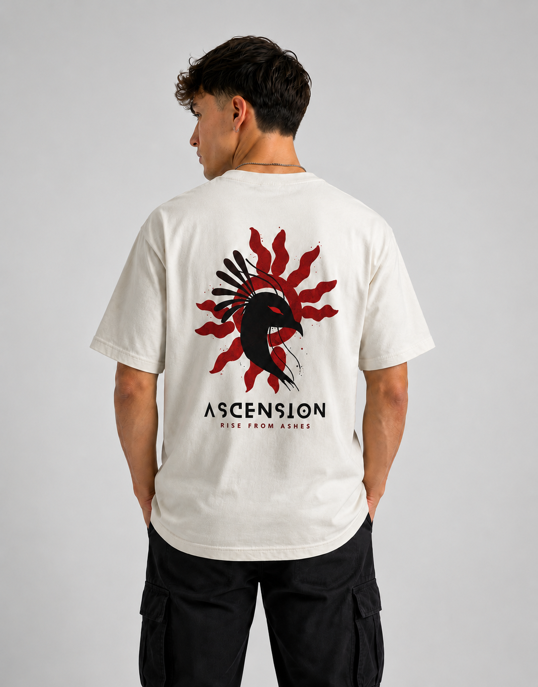 RARELAYS Ascension Raven Oversized Off-white T-Shirt for Men | Rise From Ashes Graphic Premium Cotton Back Print Streetwear Tee