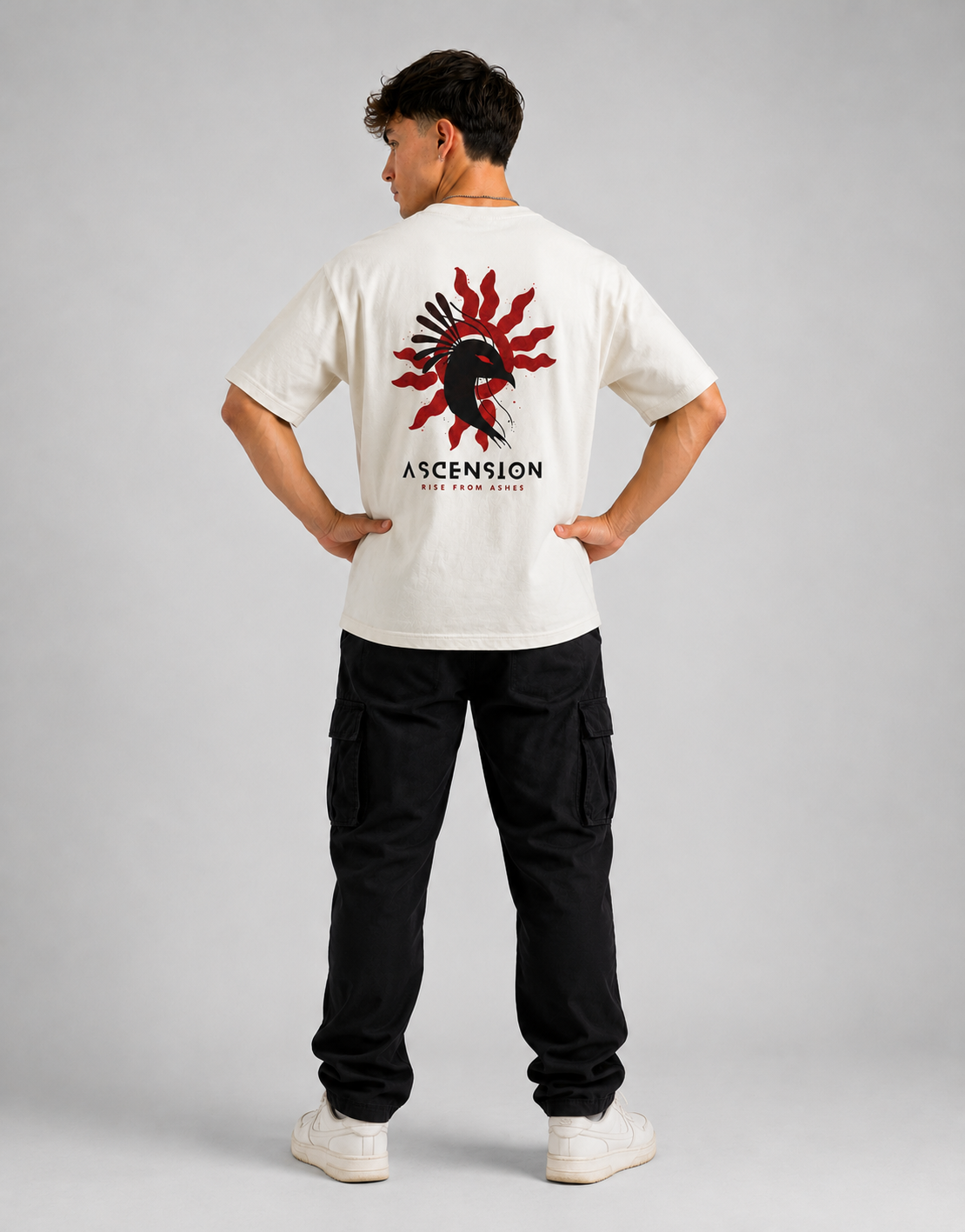 RARELAYS Ascension Raven Oversized Off-white T-Shirt for Men | Rise From Ashes Graphic Premium Cotton Back Print Streetwear Tee