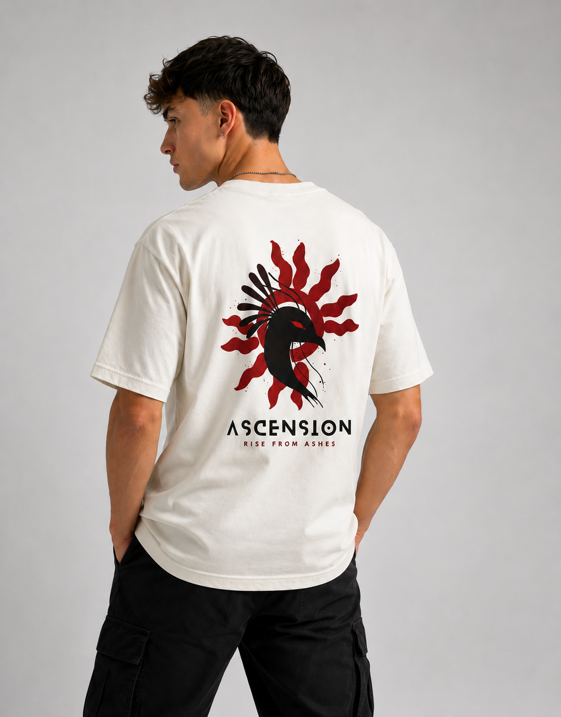 RARELAYS Ascension Raven Oversized Off-white T-Shirt for Men | Rise From Ashes Graphic Premium Cotton Back Print Streetwear Tee