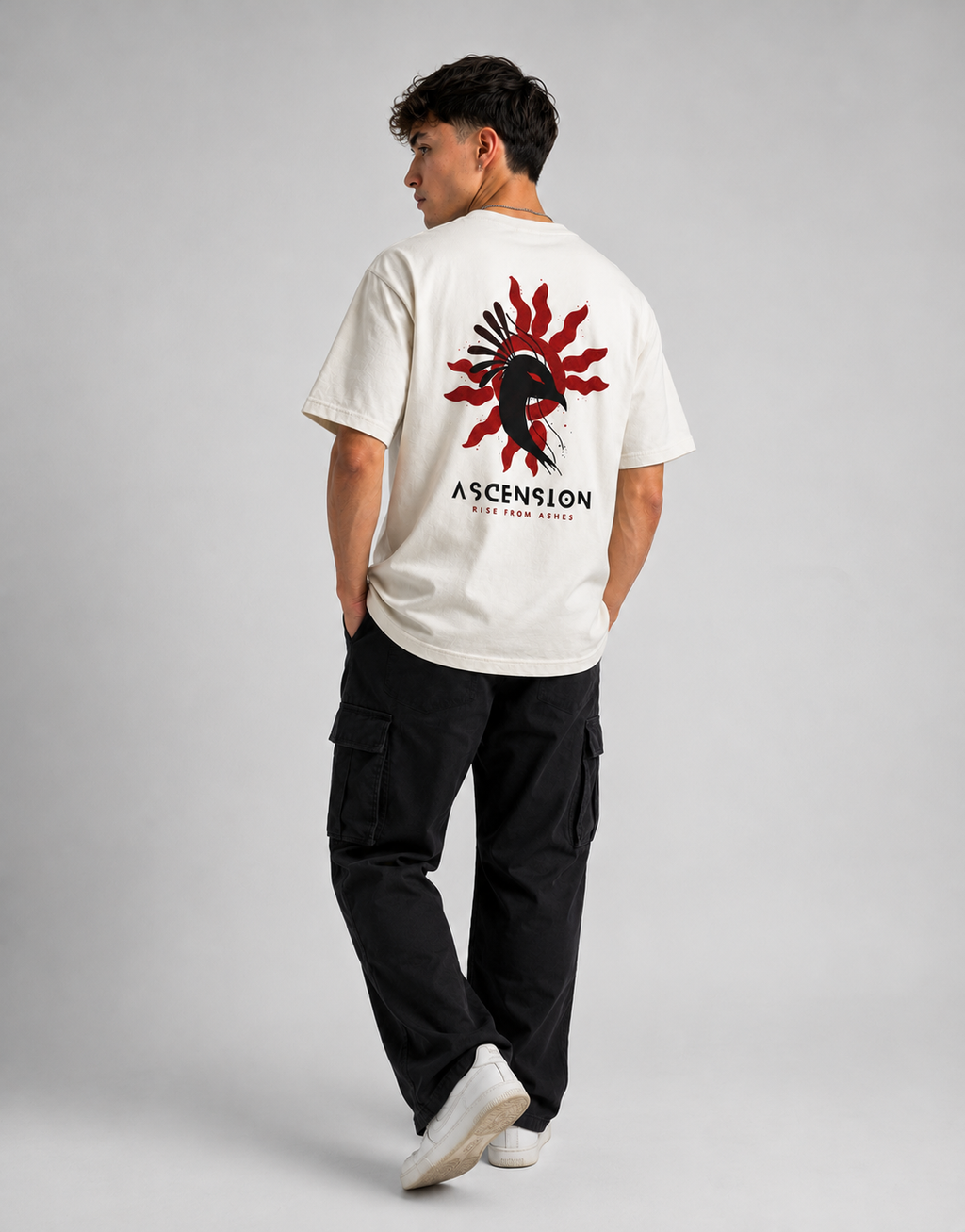 RARELAYS Ascension Raven Oversized Off-white T-Shirt for Men | Rise From Ashes Graphic Premium Cotton Back Print Streetwear Tee