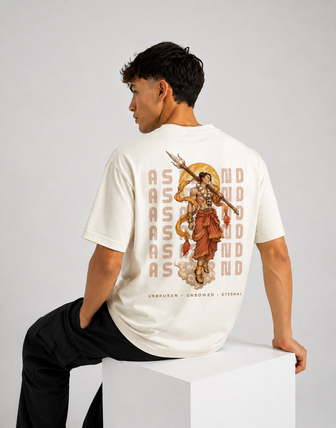 RARELAYS Ascend Warrior Graphic Oversized Off-white T-Shirt for Men | Premium Cotton Back Print Streetwear Tee | Bold Urban Fashion