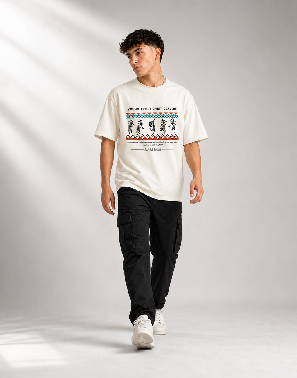 RARELAYS Tribal Youth Graphic Oversized Off-white T-Shirt for Men | Premium Cotton Front Print Streetwear Tee | Young Fresh Spirit Collection