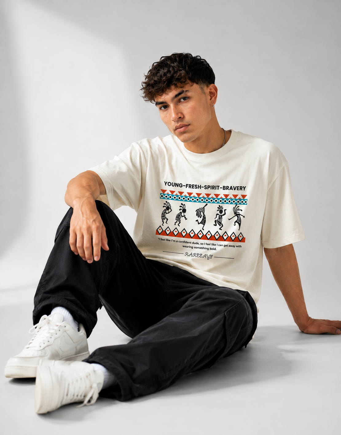 RARELAYS Tribal Youth Graphic Oversized Off-white T-Shirt for Men | Premium Cotton Front Print Streetwear Tee | Young Fresh Spirit Collection