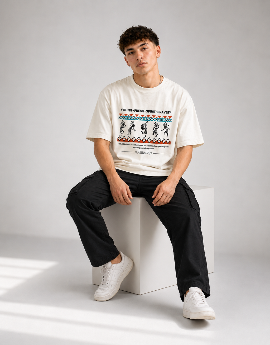 RARELAYS Tribal Youth Graphic Oversized Off-white T-Shirt for Men | Premium Cotton Front Print Streetwear Tee | Young Fresh Spirit Collection