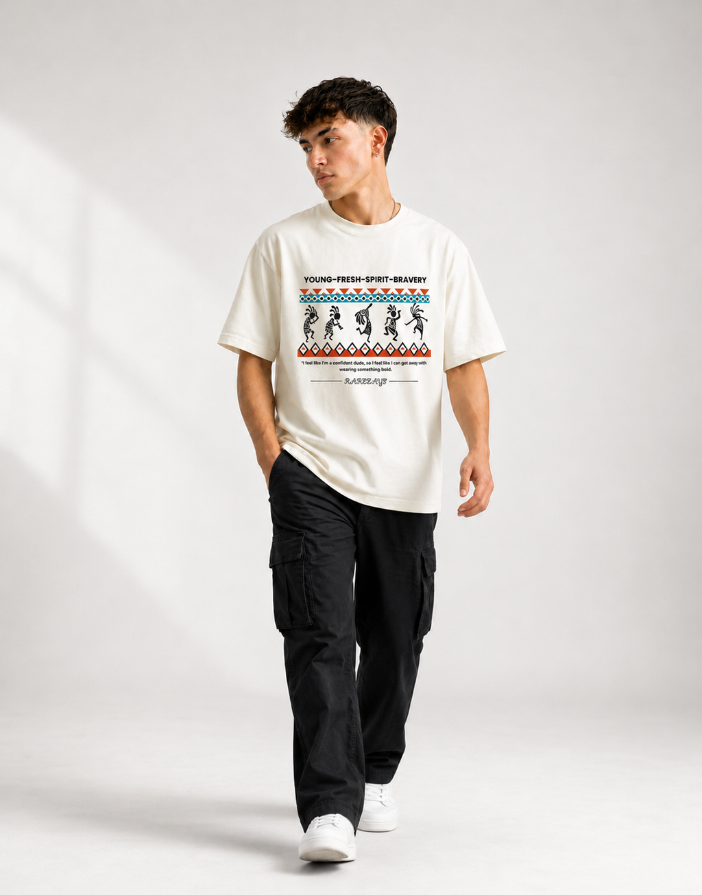 RARELAYS Tribal Youth Graphic Oversized Off-white T-Shirt for Men | Premium Cotton Front Print Streetwear Tee | Young Fresh Spirit Collection
