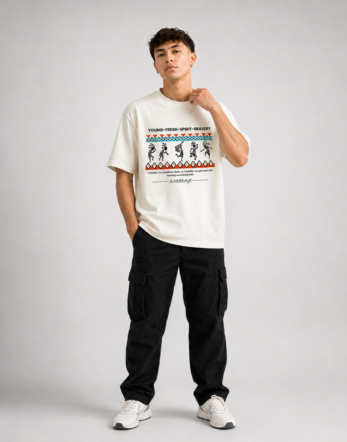 RARELAYS Tribal Youth Graphic Oversized Off-white T-Shirt for Men | Premium Cotton Front Print Streetwear Tee | Young Fresh Spirit Collection