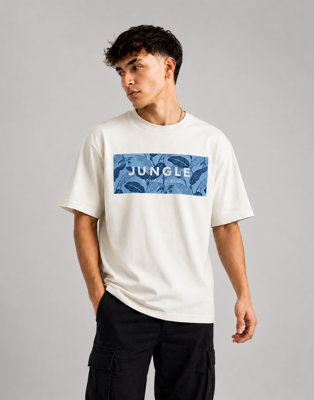 RARELAYS Jungle Tropical Vibes Oversized Off-white T-Shirt for Men | Premium Cotton Front Graphic Casual Streetwear Tee