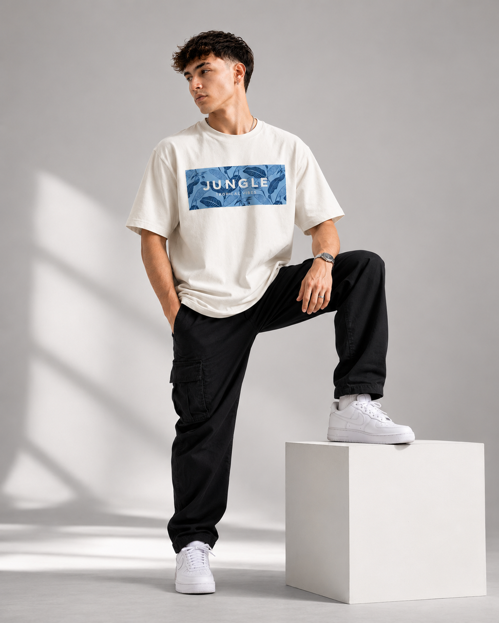 RARELAYS Jungle Tropical Vibes Oversized Off-white T-Shirt for Men | Premium Cotton Front Graphic Casual Streetwear Tee