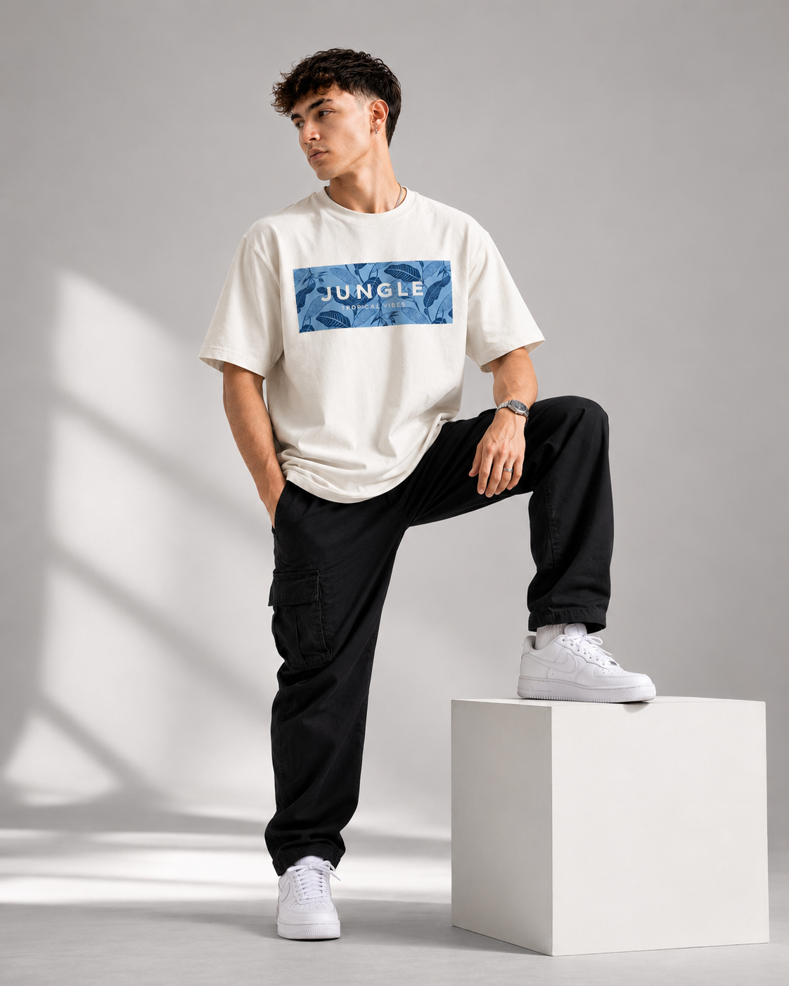 RARELAYS Jungle Tropical Vibes Oversized Off-white T-Shirt for Men | Premium Cotton Front Graphic Casual Streetwear Tee