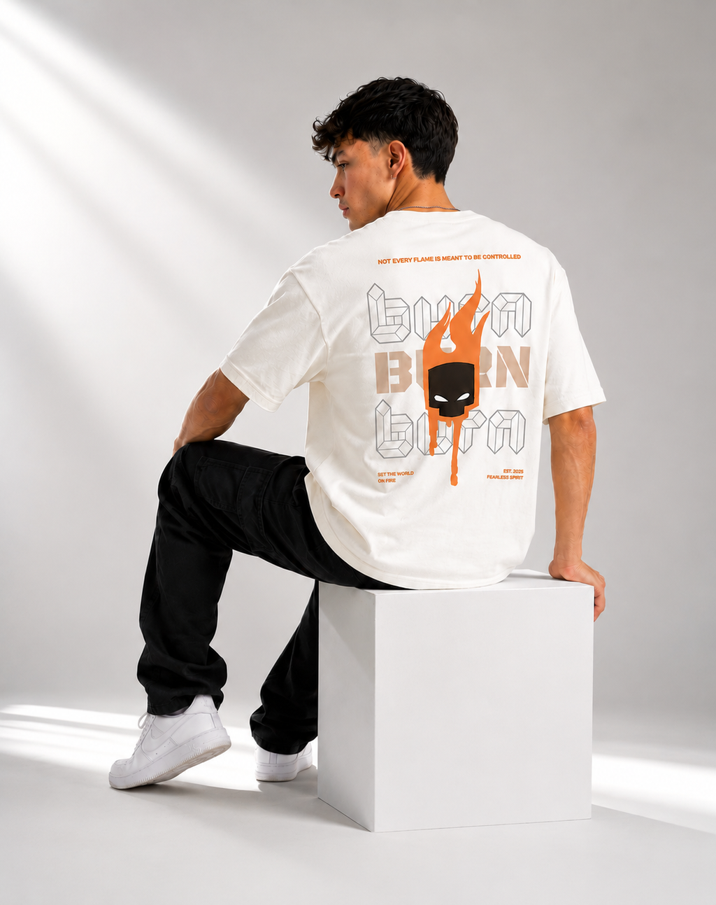 RARELAYS Burn Graphic Oversized Off-white T-Shirt for Men | Fearless Spirit Premium Cotton Back Print Streetwear Tee