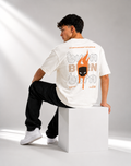 RARELAYS Burn Graphic Oversized Off-white T-Shirt for Men | Fearless Spirit Premium Cotton Back Print Streetwear Tee
