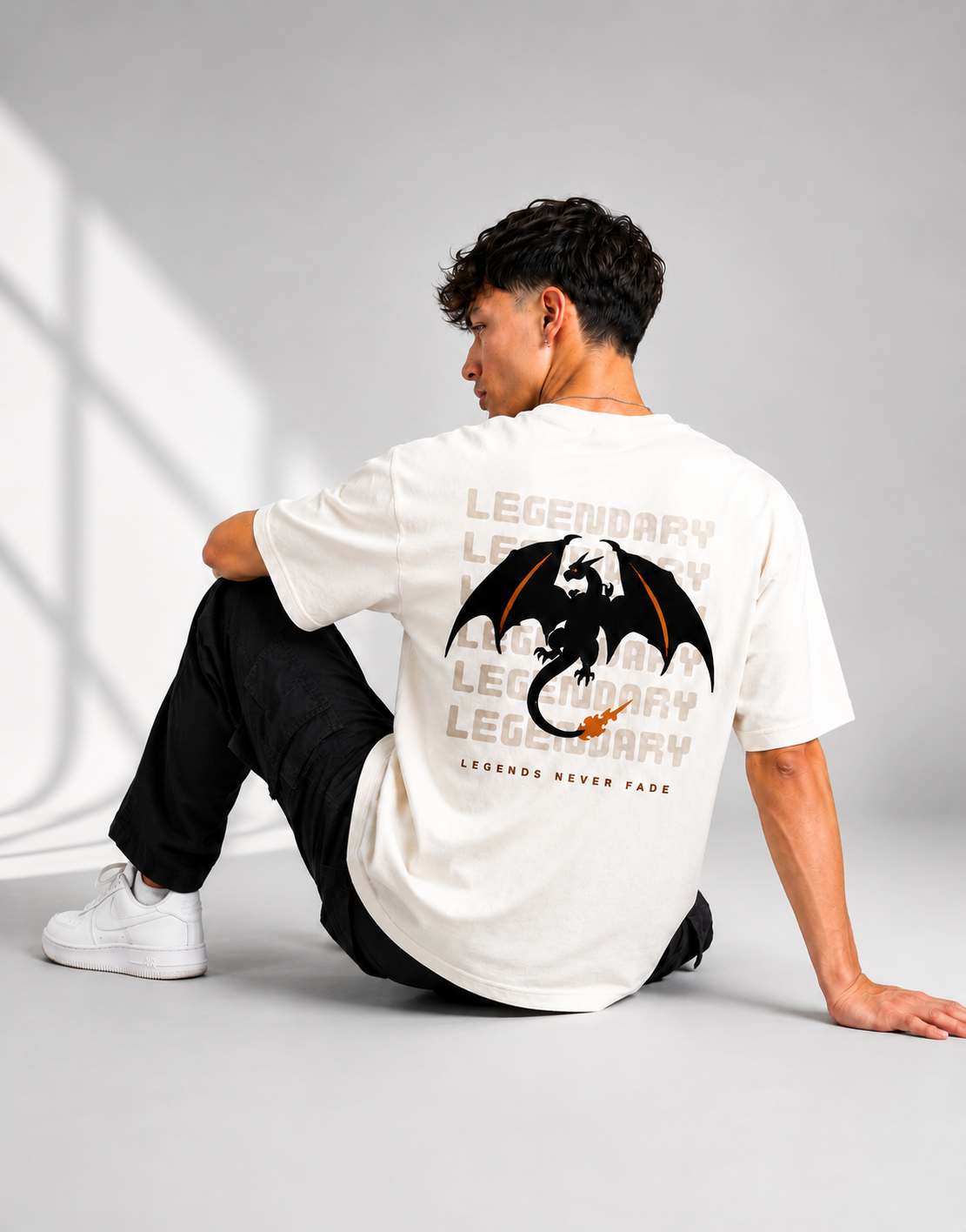 RARELAYS Legendary Dragon Oversized Off-white T-Shirt for Men | Premium Cotton Graphic Back Print Streetwear Tee | Urban Casual Fashion