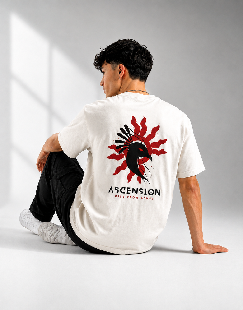 RARELAYS Ascension Raven Oversized Off-white T-Shirt for Men | Rise From Ashes Graphic Premium Cotton Back Print Streetwear Tee