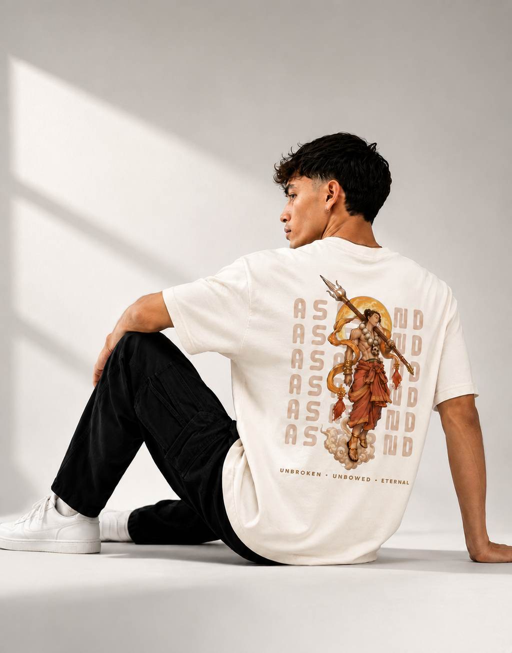 RARELAYS Ascend Warrior Graphic Oversized Off-white T-Shirt for Men | Premium Cotton Back Print Streetwear Tee | Bold Urban Fashion
