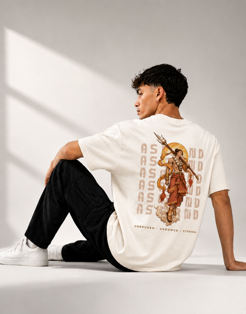 RARELAYS Ascend Warrior Graphic Oversized Off-white T-Shirt for Men | Premium Cotton Back Print Streetwear Tee | Bold Urban Fashion
