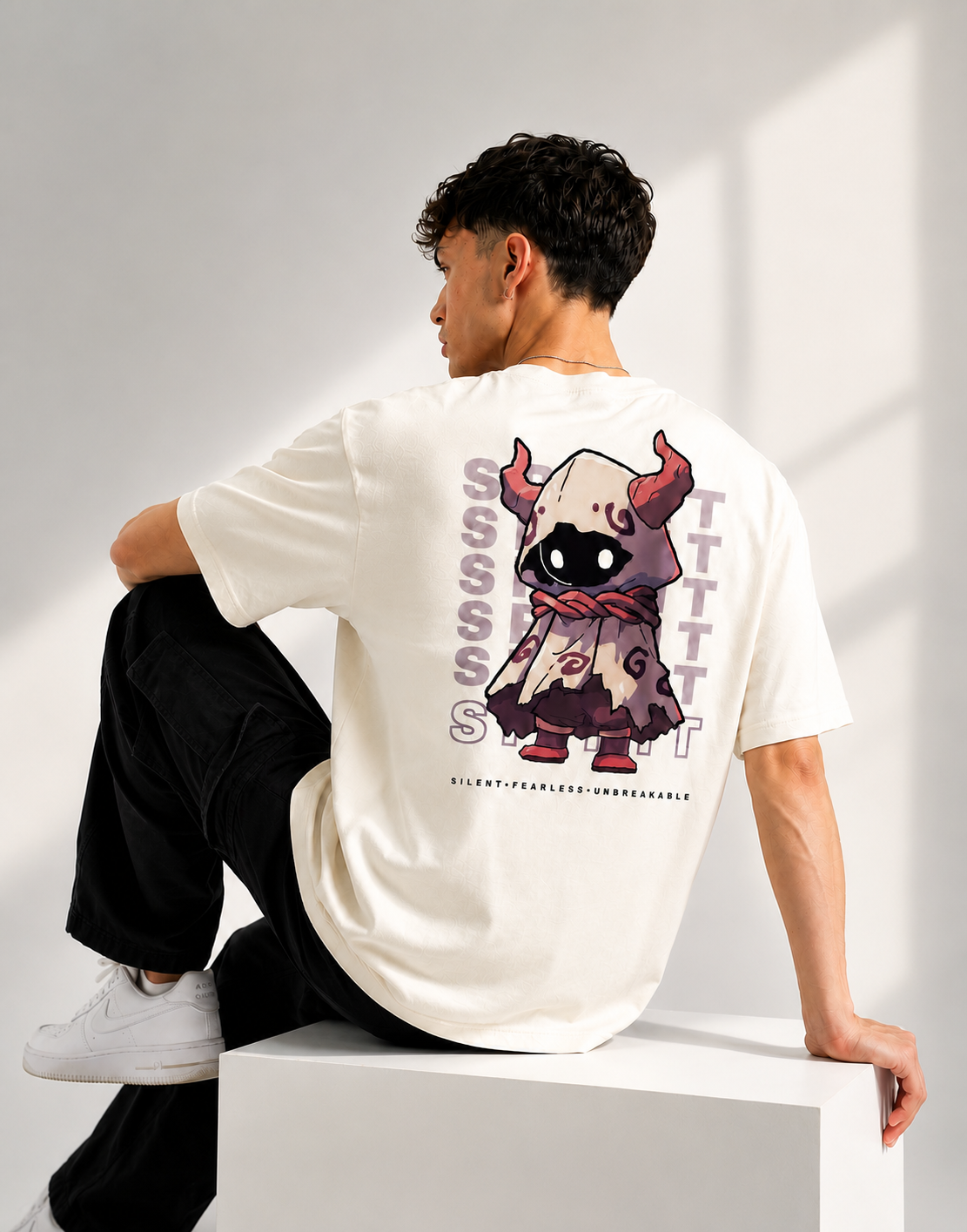 RARELAYS Spirit Guardian Graphic Oversized Off-white T-Shirt for Men | Premium Cotton Back Print Streetwear Tee | Fearless Urban Fashion