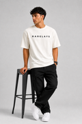 RARELAYS Signature Logo Oversized Off-white T-Shirt for Men | Premium Cotton Minimal Typography Printed T-Shirt | Casual Streetwear Round Neck Half Sleeve Tee