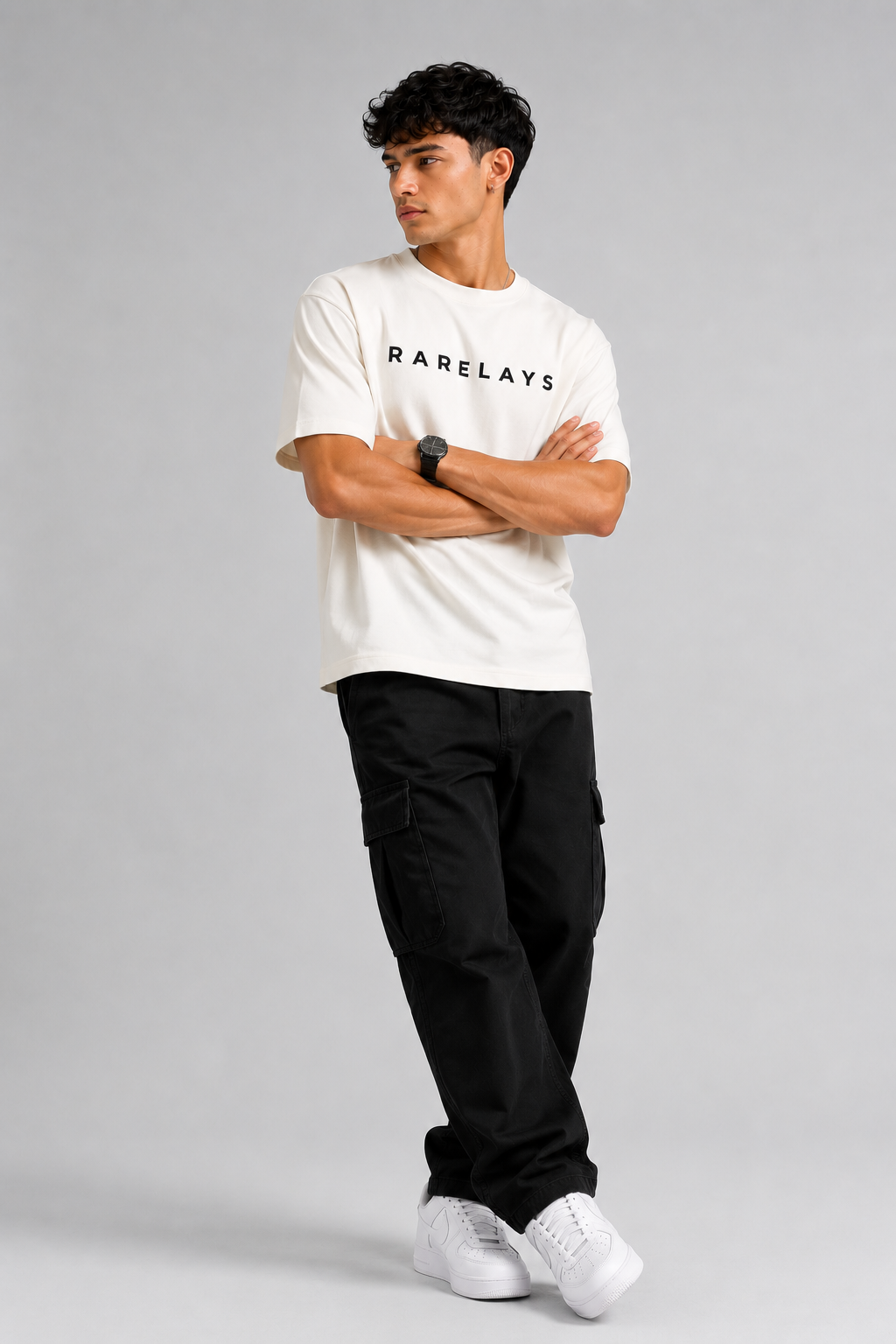 RARELAYS Signature Logo Oversized Off-white T-Shirt for Men | Premium Cotton Minimal Typography Printed T-Shirt | Casual Streetwear Round Neck Half Sleeve Tee