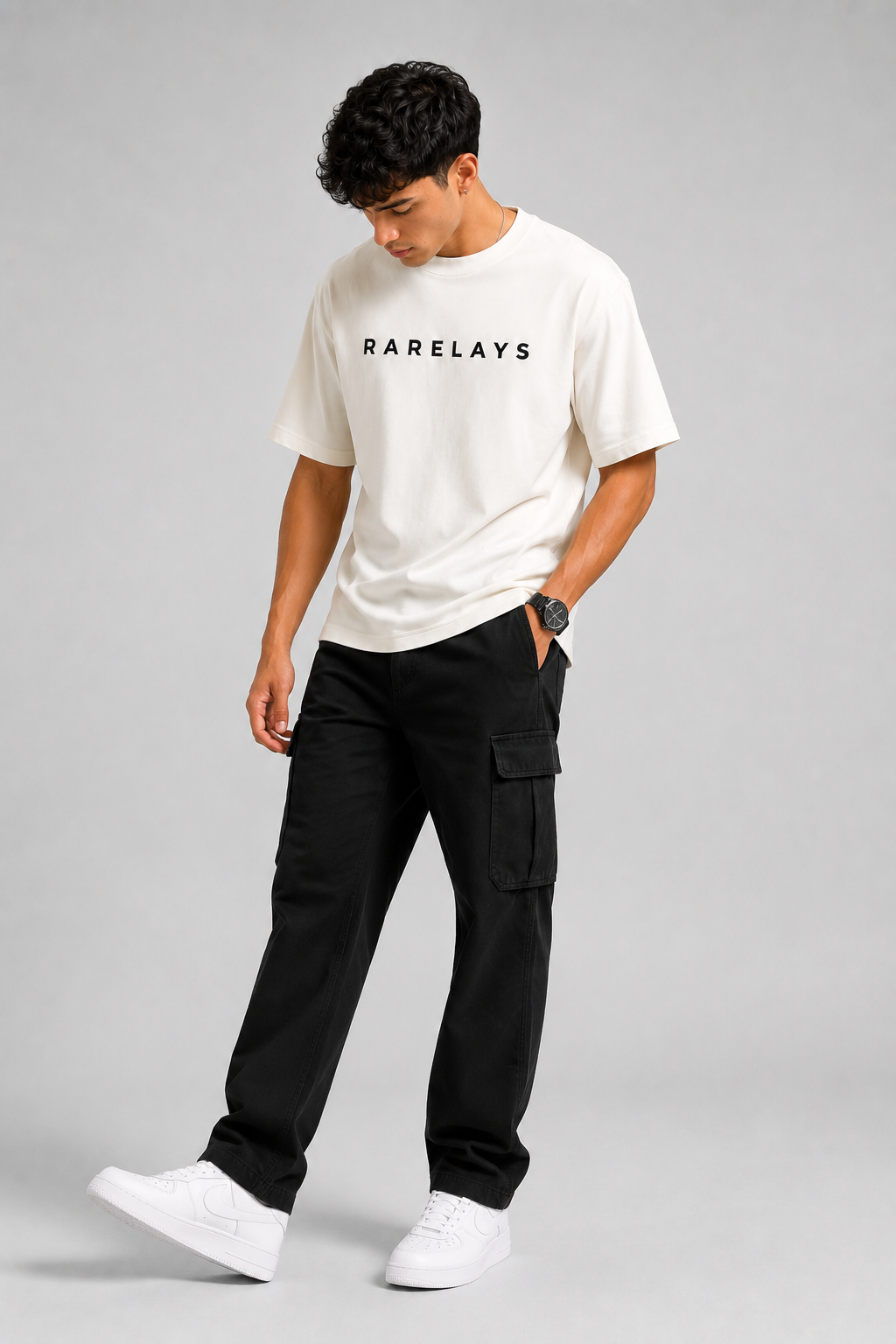 RARELAYS Signature Logo Oversized Off-white T-Shirt for Men | Premium Cotton Minimal Typography Printed T-Shirt | Casual Streetwear Round Neck Half Sleeve Tee