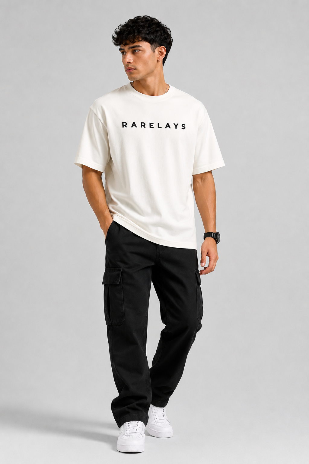 RARELAYS Signature Logo Oversized Off-white T-Shirt for Men | Premium Cotton Minimal Typography Printed T-Shirt | Casual Streetwear Round Neck Half Sleeve Tee