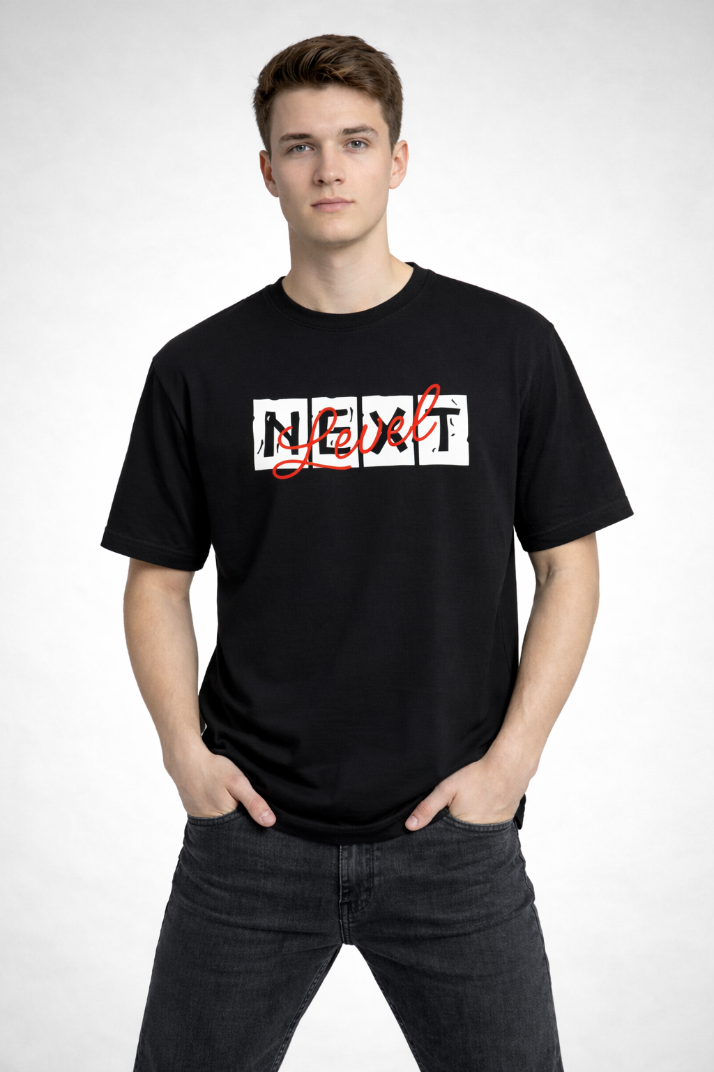 Rarelays Level Up Premium Graphic Printed Black T-Shirt for Men | Stylish Casual Cotton Round Neck Streetwear Tee