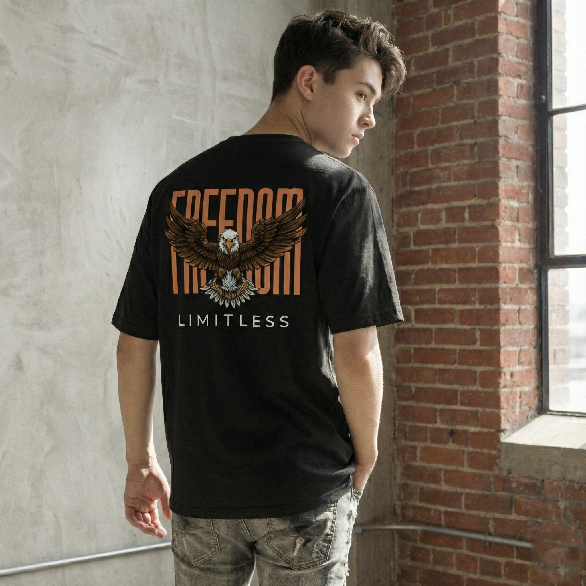 Rarelays Freedom Limitless Eagle Oversized Graphic Printed Black T-Shirt for Men | Premium Street Fashion Cotton Casual Tee