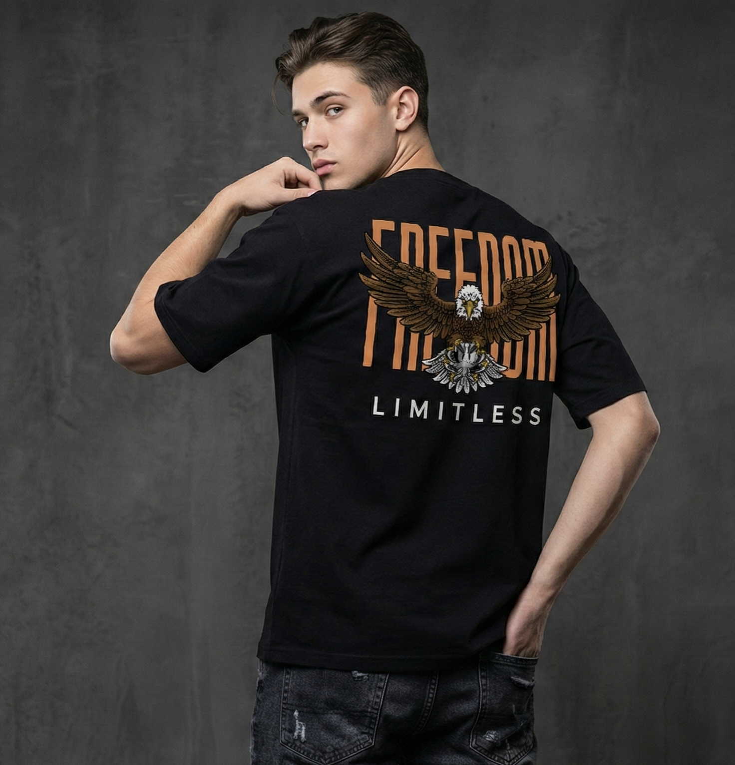 Rarelays Freedom Limitless Eagle Oversized Graphic Printed Black T-Shirt for Men | Premium Street Fashion Cotton Casual Tee