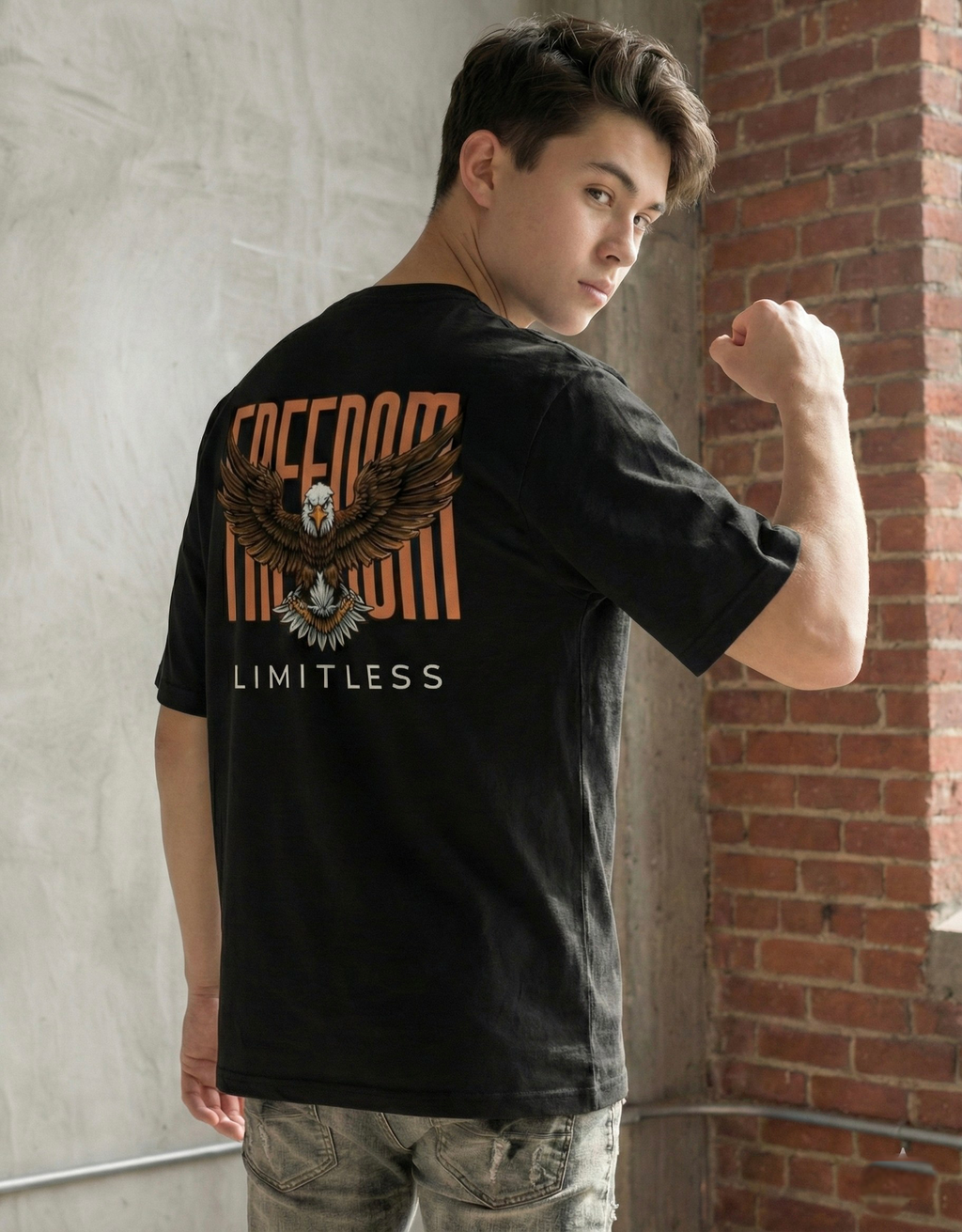 Rarelays Freedom Limitless Eagle Oversized Graphic Printed Black T-Shirt for Men | Premium Street Fashion Cotton Casual Tee