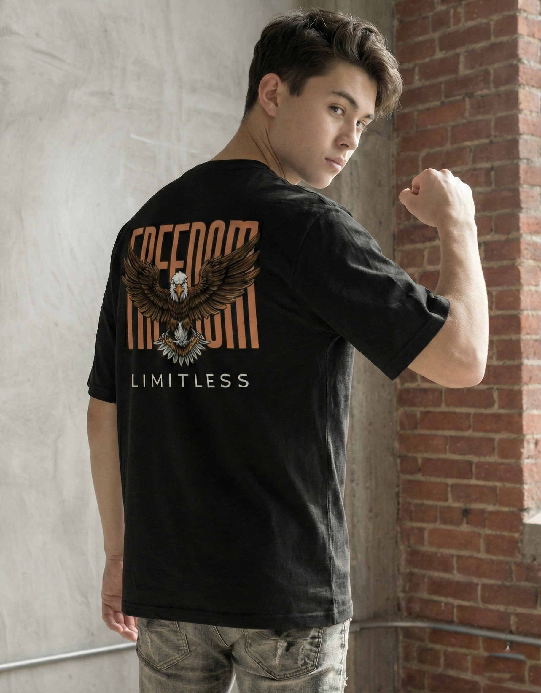 Rarelays Freedom Limitless Eagle Oversized Graphic Printed Black T-Shirt for Men | Premium Street Fashion Cotton Casual Tee