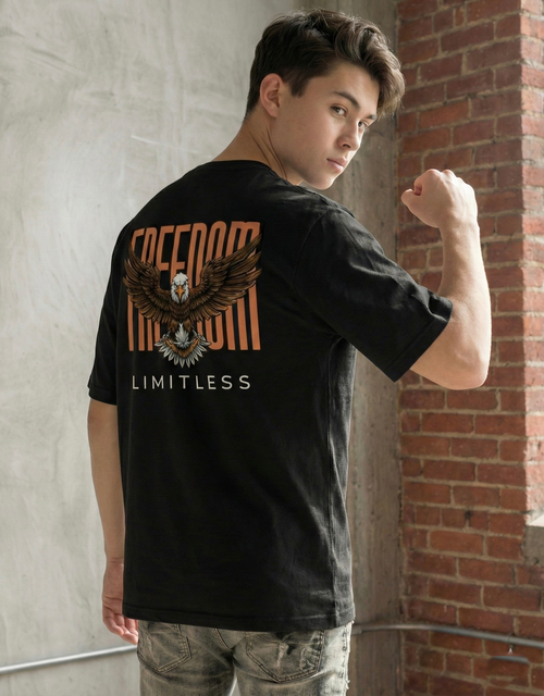 Rarelays Freedom Limitless Eagle Oversized Graphic Printed Black T-Shirt for Men | Premium Street Fashion Cotton Casual Tee