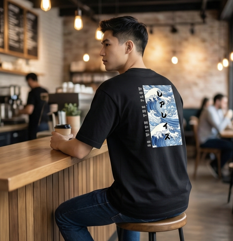 Rarelays Japanese Ocean Wave Oversized Graphic Printed Black T-Shirt for Men | Anime Streetwear Inspired Casual Cotton Tee