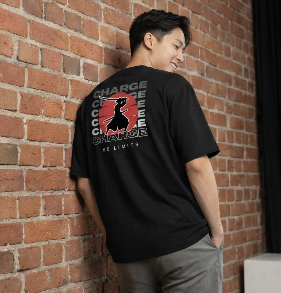 Rarelays No Limits Samurai Warrior Oversized Graphic Printed Black T-Shirt for Men | Japanese Streetwear Cotton Casual Tee