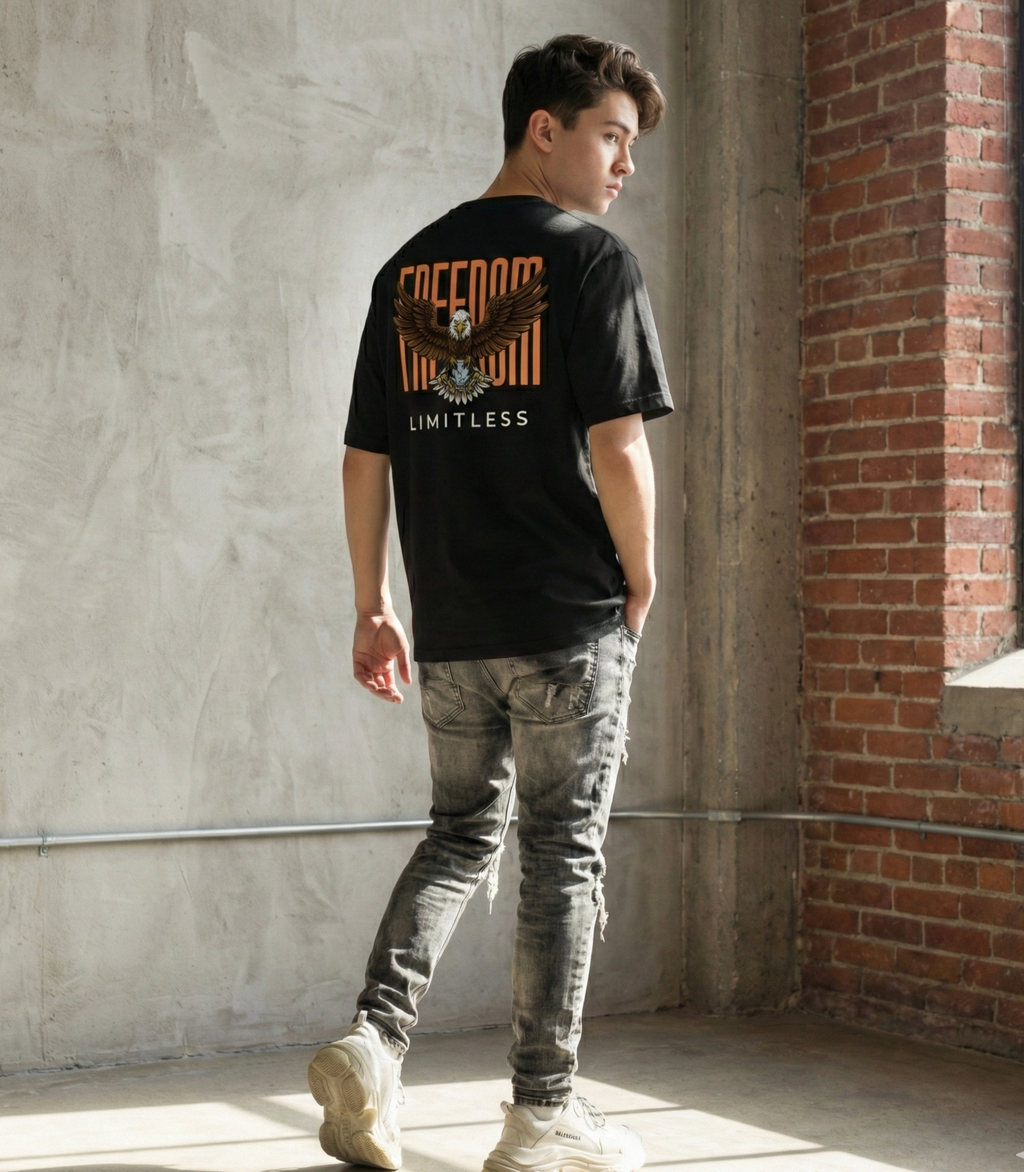 Rarelays Freedom Limitless Eagle Oversized Graphic Printed Black T-Shirt for Men | Premium Street Fashion Cotton Casual Tee