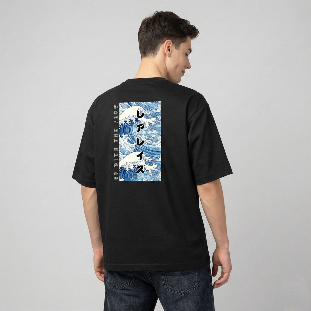Rarelays Japanese Ocean Wave Oversized Graphic Printed Black T-Shirt for Men | Anime Streetwear Inspired Casual Cotton Tee