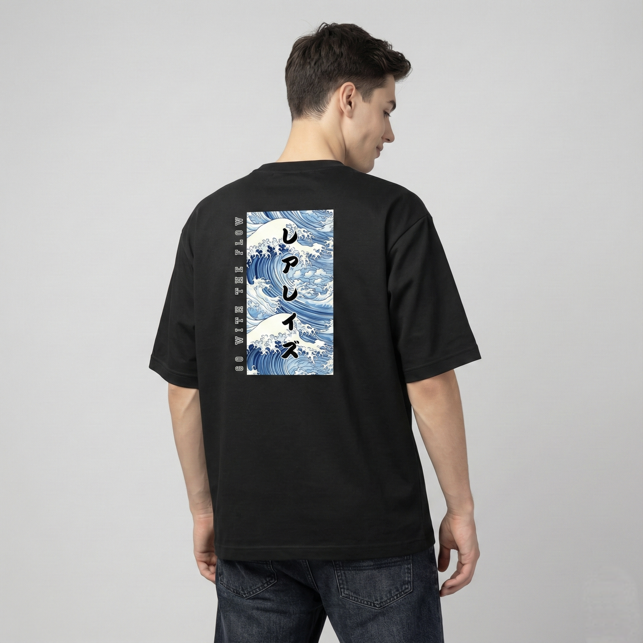 Rarelays Japanese Ocean Wave Oversized Graphic Printed Black T-Shirt for Men | Anime Streetwear Inspired Casual Cotton Tee
