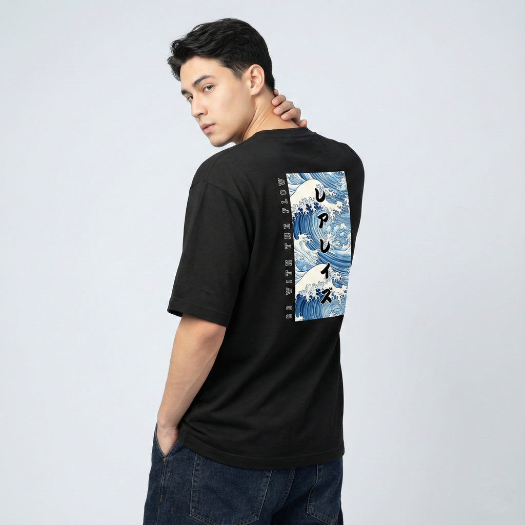 Rarelays Japanese Ocean Wave Oversized Graphic Printed Black T-Shirt for Men | Anime Streetwear Inspired Casual Cotton Tee
