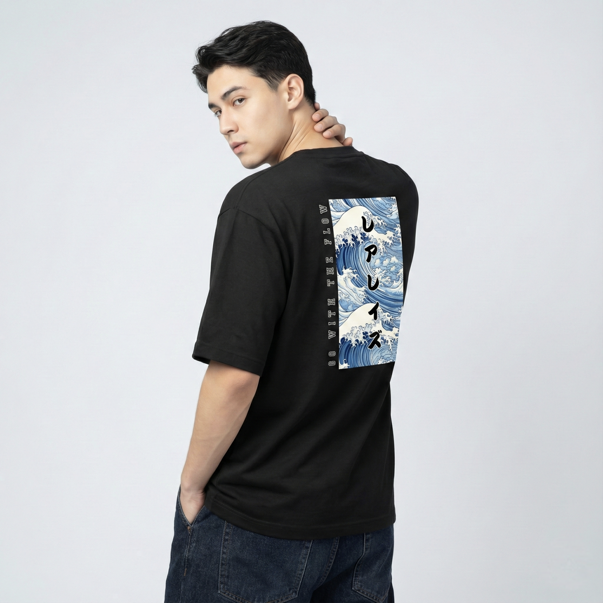 Rarelays Japanese Ocean Wave Oversized Graphic Printed Black T-Shirt for Men | Anime Streetwear Inspired Casual Cotton Tee