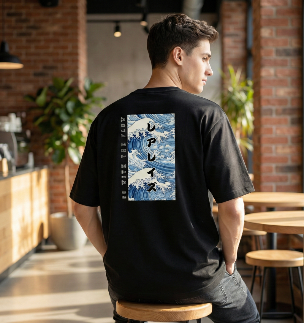 Rarelays Japanese Ocean Wave Oversized Graphic Printed Black T-Shirt for Men | Anime Streetwear Inspired Casual Cotton Tee