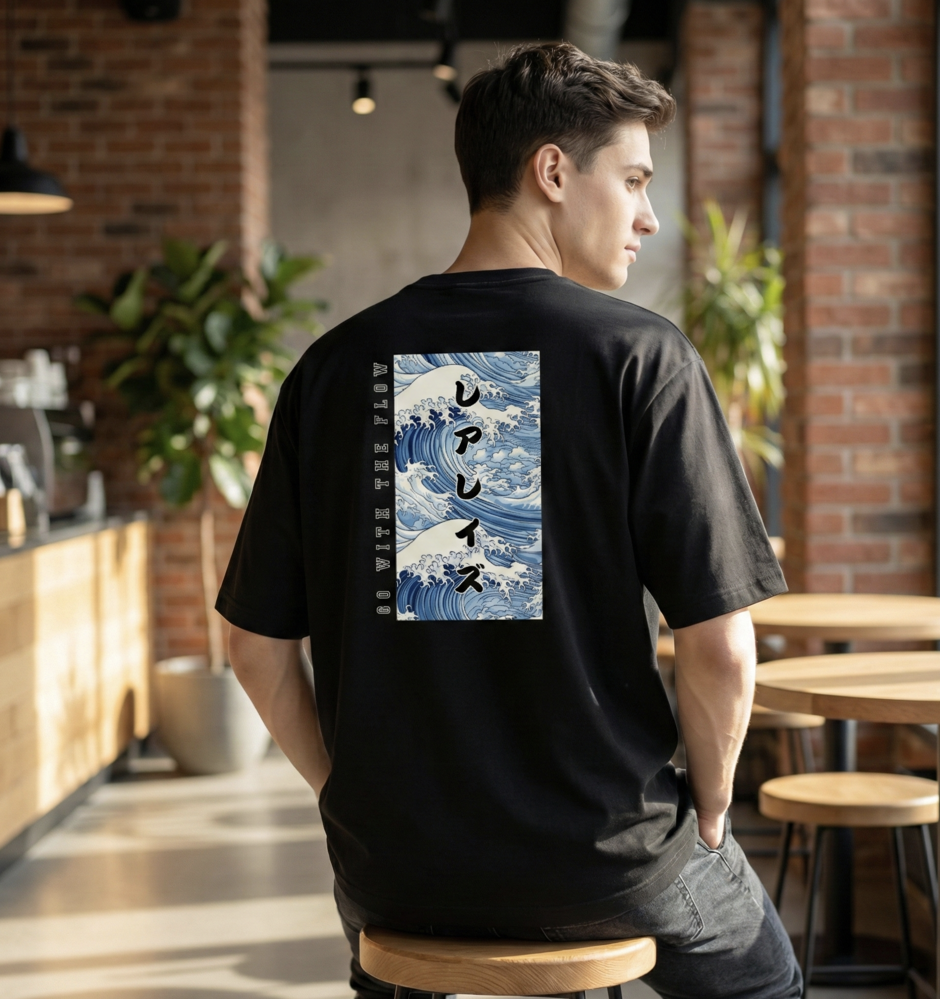 Rarelays Japanese Ocean Wave Oversized Graphic Printed Black T-Shirt for Men | Anime Streetwear Inspired Casual Cotton Tee