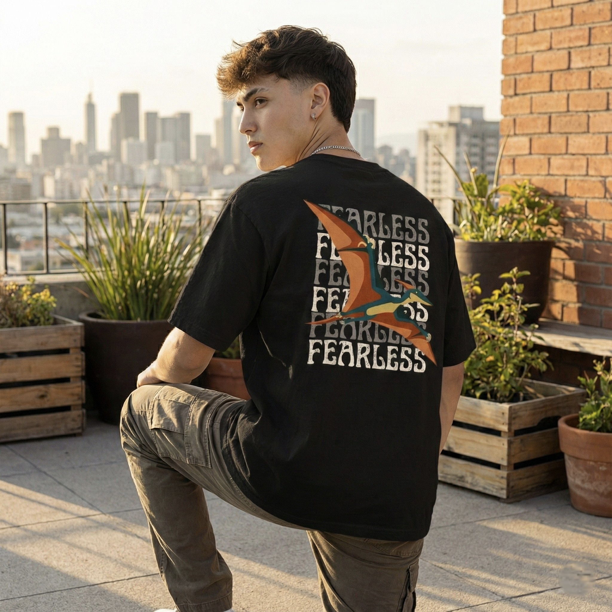 Rarelays Fearless Flight Vintage Oversized Graphic Printed Black T-Shirt for Men | Premium Casual Streetwear Cotton Tee