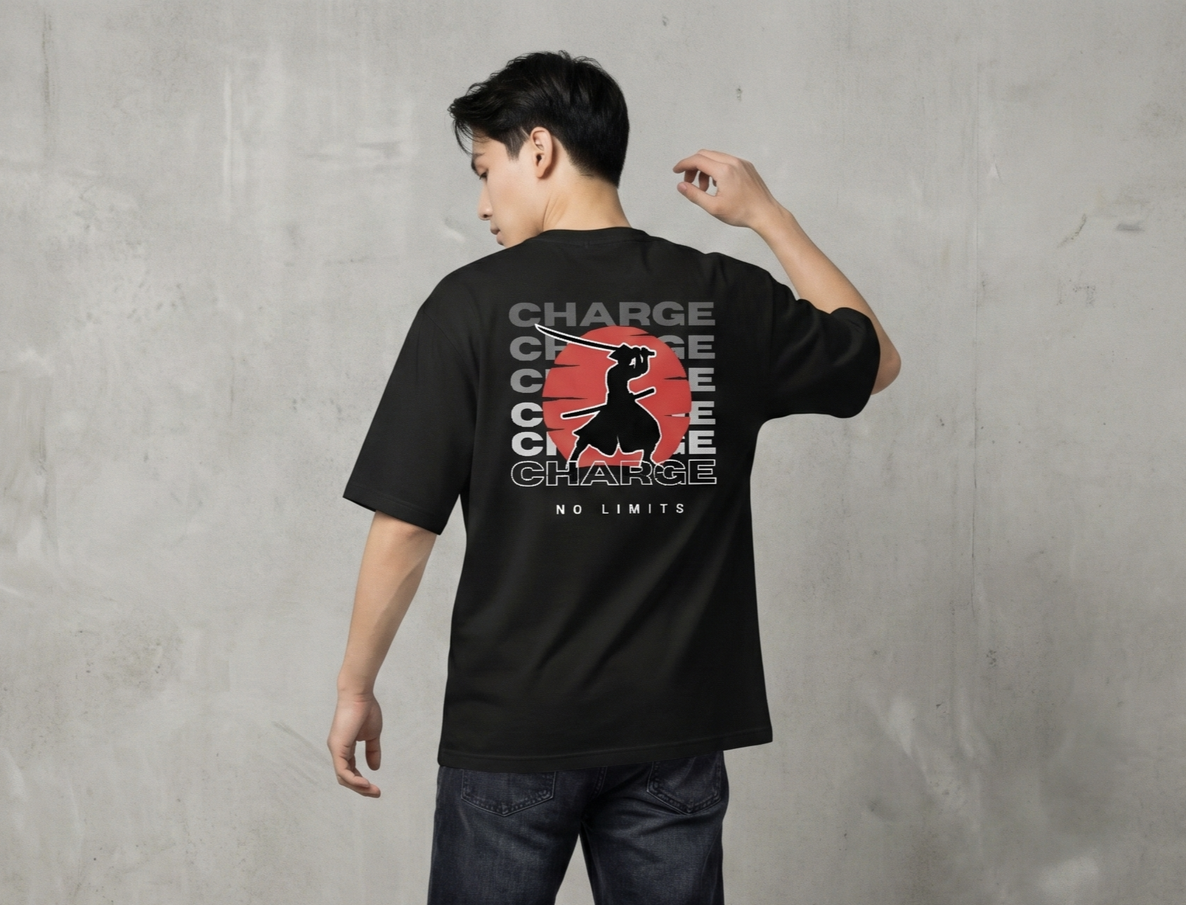 Rarelays No Limits Samurai Warrior Oversized Graphic Printed Black T-Shirt for Men | Japanese Streetwear Cotton Casual Tee