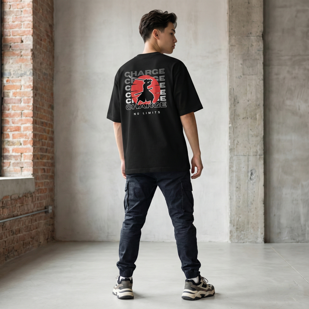 Rarelays No Limits Samurai Warrior Oversized Graphic Printed Black T-Shirt for Men | Japanese Streetwear Cotton Casual Tee