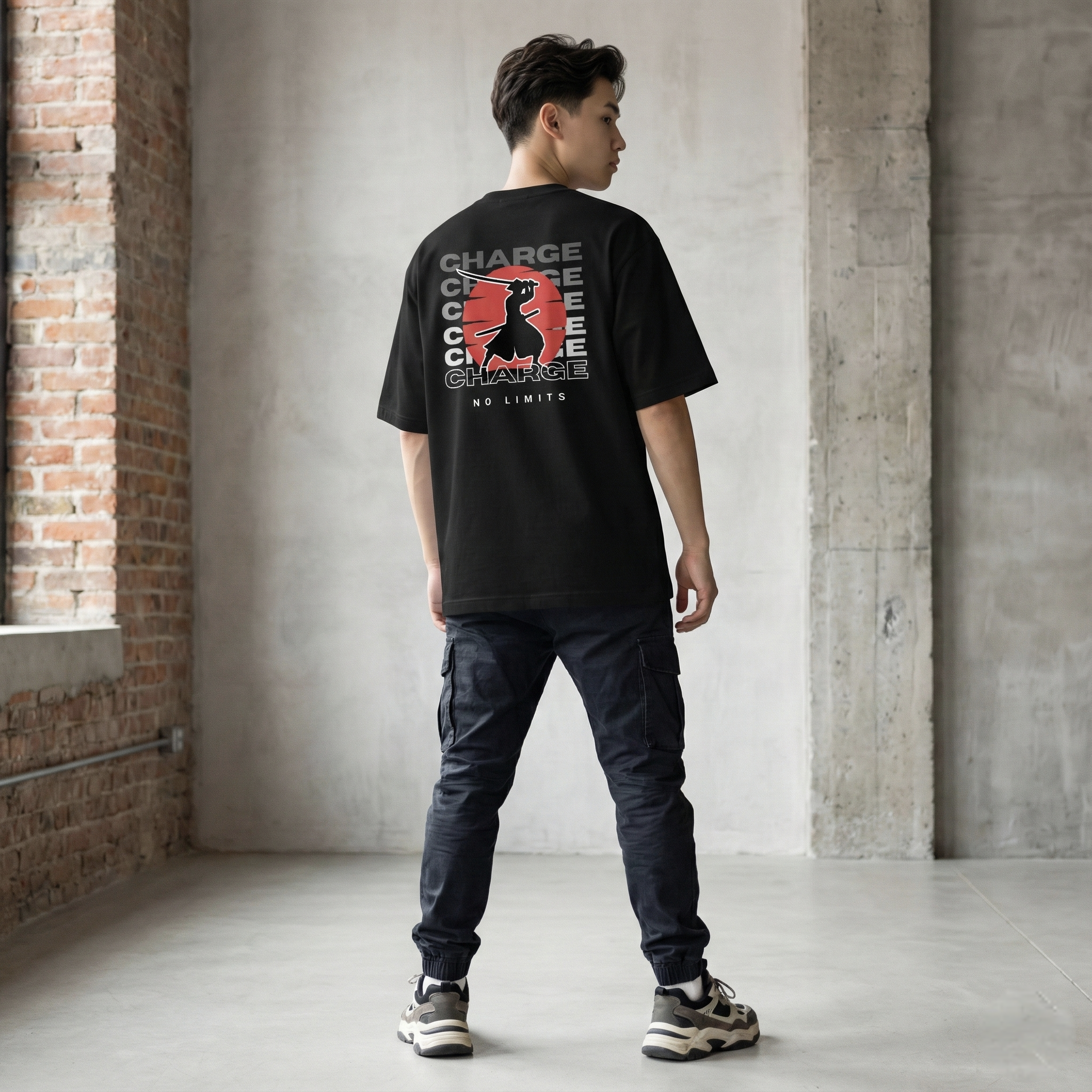 Rarelays No Limits Samurai Warrior Oversized Graphic Printed Black T-Shirt for Men | Japanese Streetwear Cotton Casual Tee