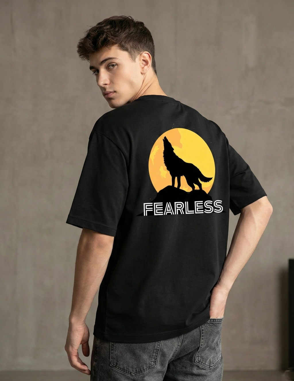 Rarelays Fearless Wolf Moon Oversized Graphic Printed Black T-Shirt for Men | Premium Streetwear Cotton Casual Tee