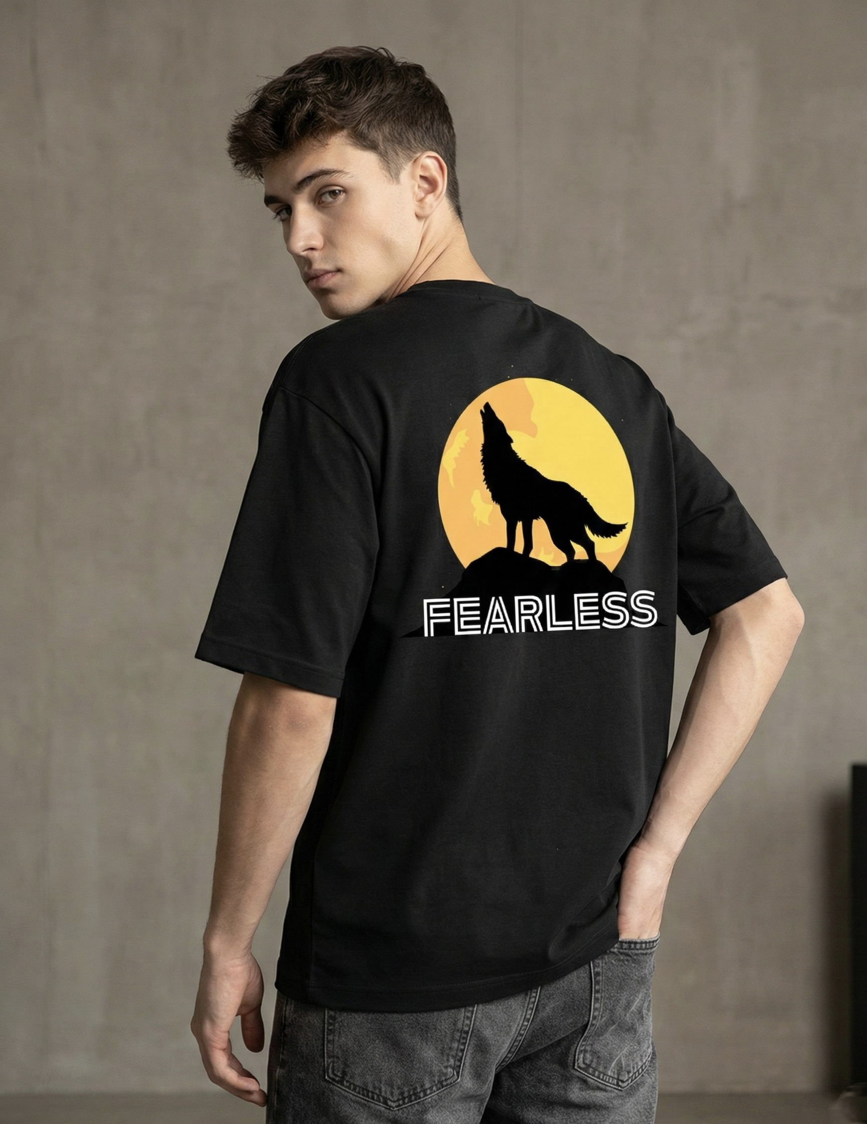 Rarelays Fearless Wolf Moon Oversized Graphic Printed Black T-Shirt for Men | Premium Streetwear Cotton Casual Tee