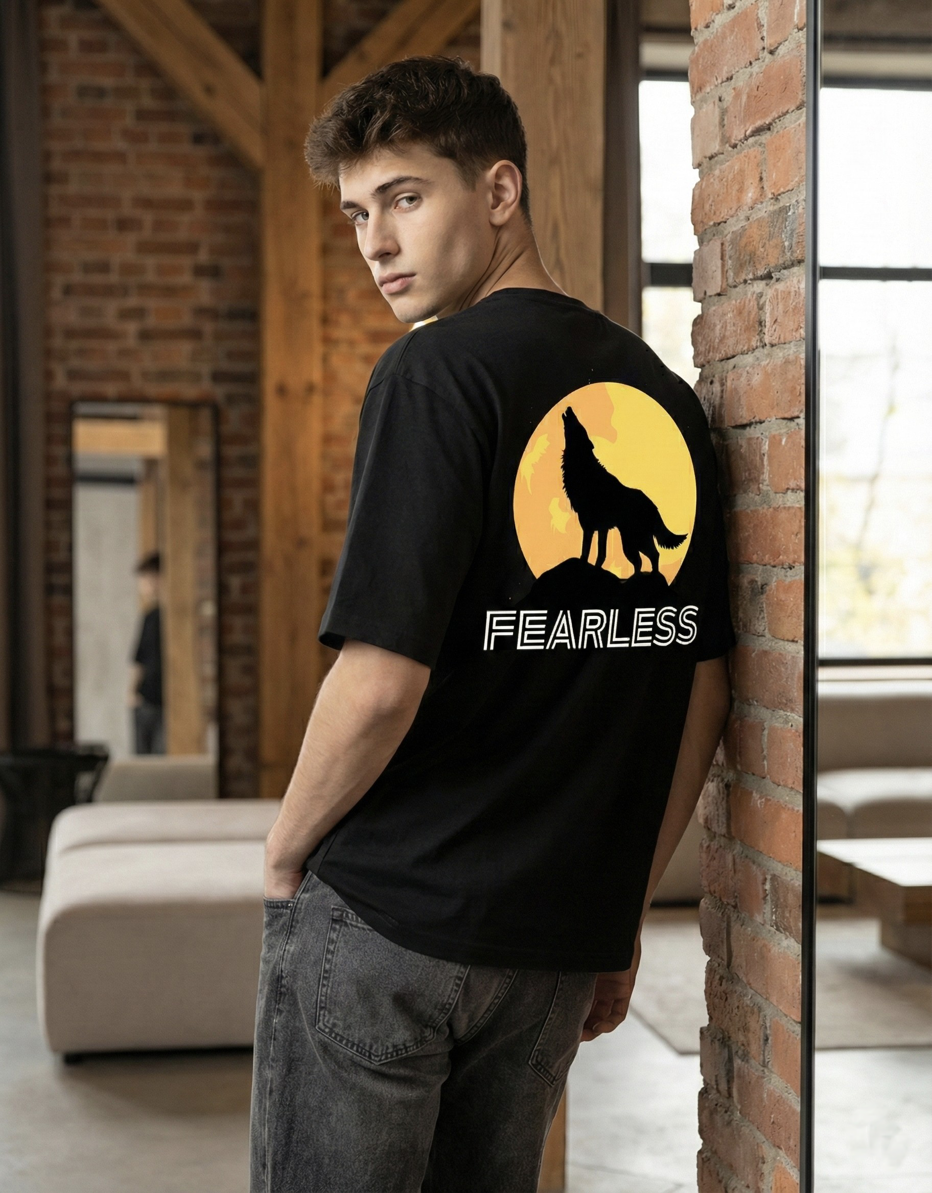 Rarelays Fearless Wolf Moon Oversized Graphic Printed Black T-Shirt for Men | Premium Streetwear Cotton Casual Tee