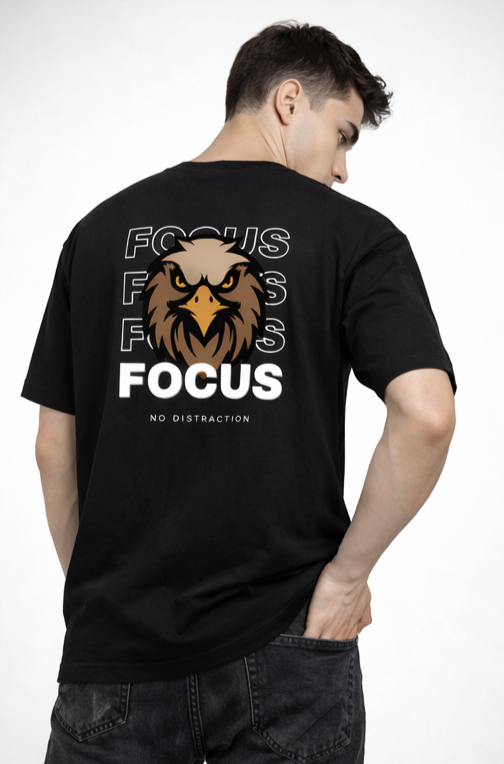 Rarelays Focus Printed Black T-Shirt for Men | Motivational Graphic Back Print | Cotton Oversized Streetwear Tee