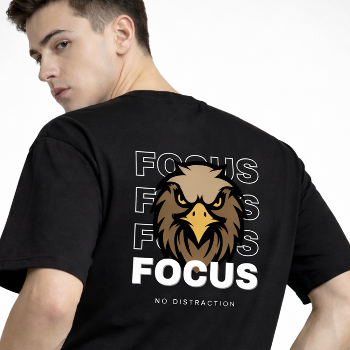 Rarelays Focus Printed Black T-Shirt for Men | Motivational Graphic Back Print | Cotton Oversized Streetwear Tee